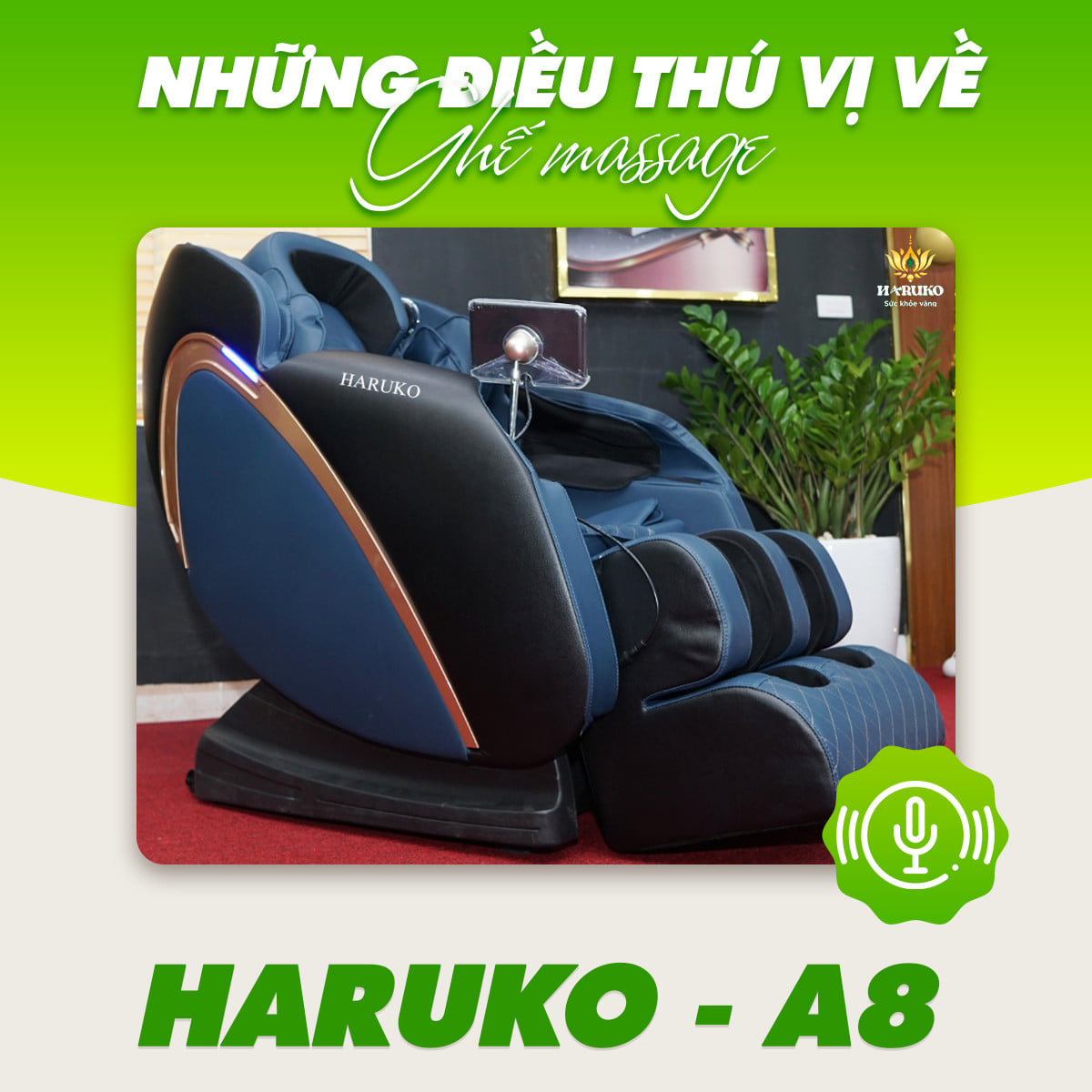 Ghế massage Haruko-A8 với gam màu xanh ngọc toát lên vẻ sang trọng khi bạn ngắm nhìn