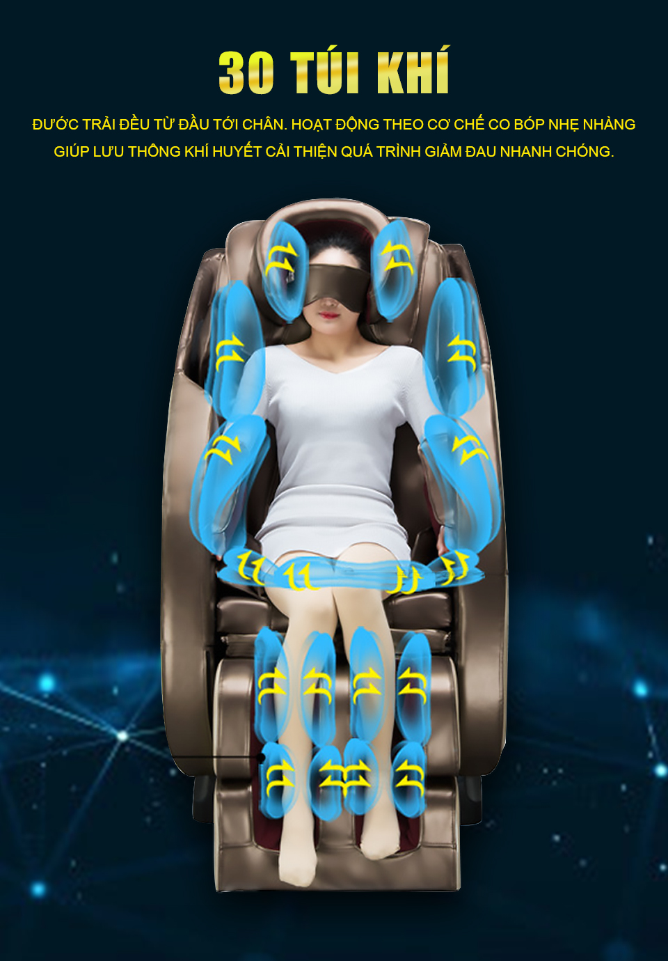 Hệ thông túi khí ghế massage cao cấp sẽ cải thiện việc giảm bớt mọi cảm giác đau nhức trên cơ thể người dùng