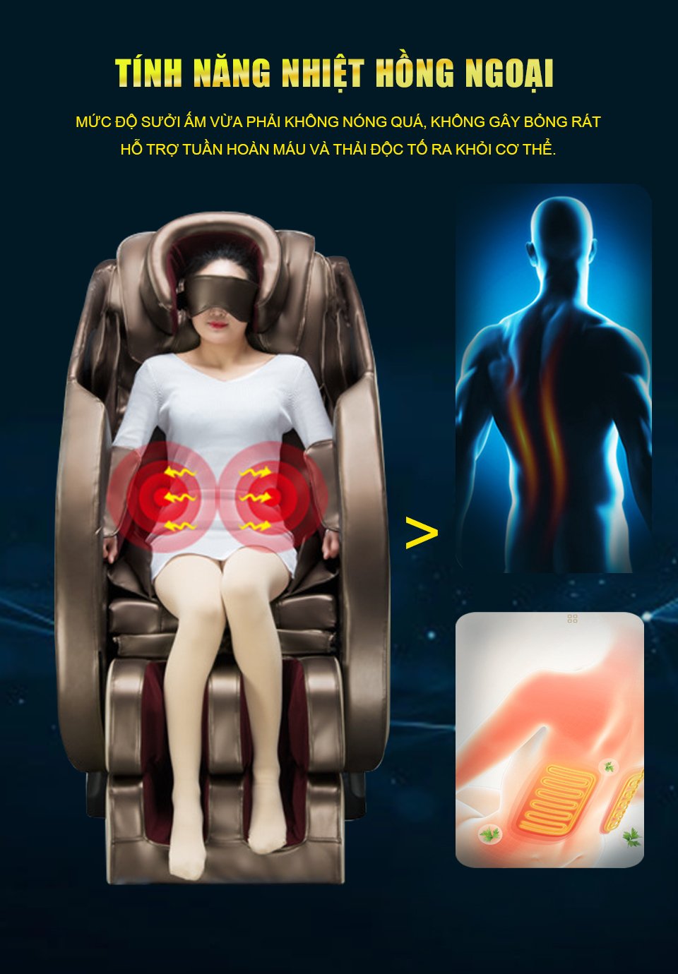 Chế độ nhiệt hồng ngoại của ghế massage giúp sưởi ấm và tăng cường khả năng lưu thông máu của người dùng